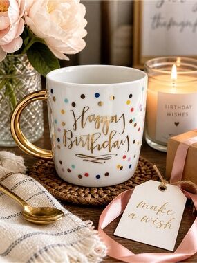 Happy Birthday Gold Script Mug White Confetti Dots & Gold Handle Celebration Cup